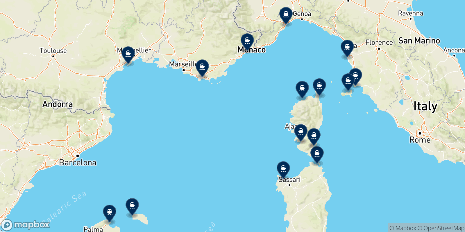 Corsica Sardinia Ferries destinations map