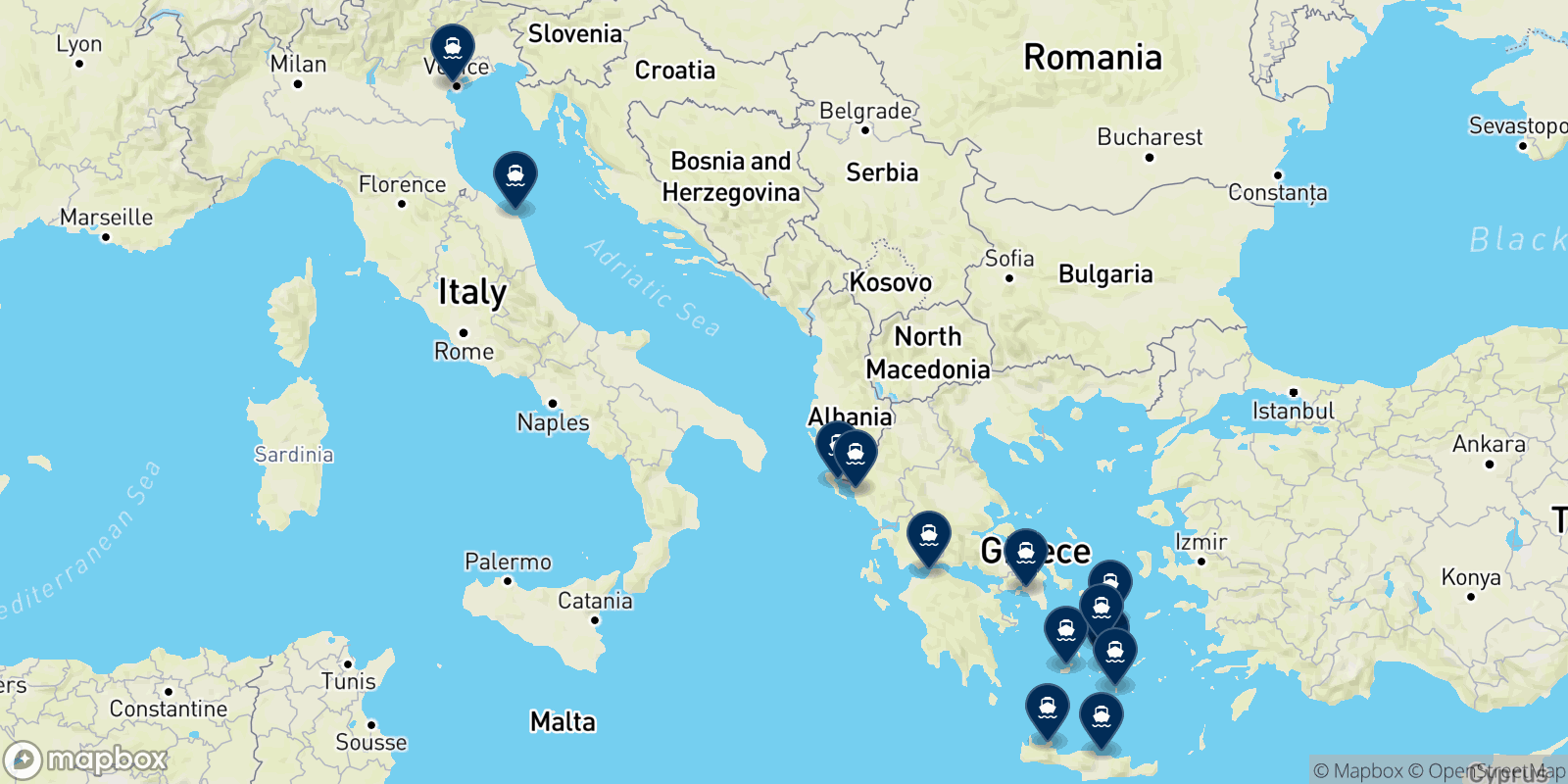 Minoan Lines / Grimaldi Euromed destination map