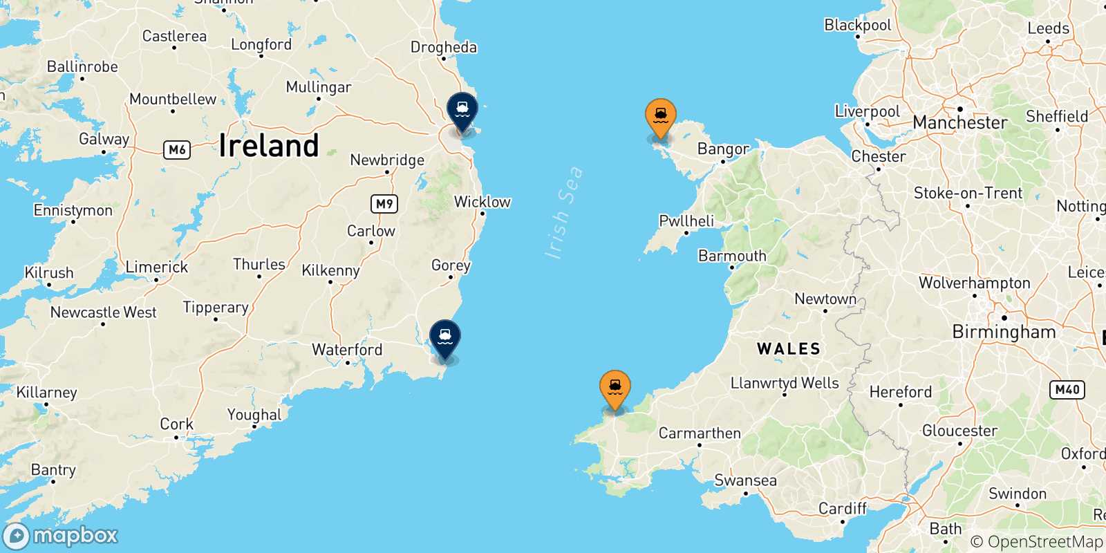 Map of the destinations reachable from Wales