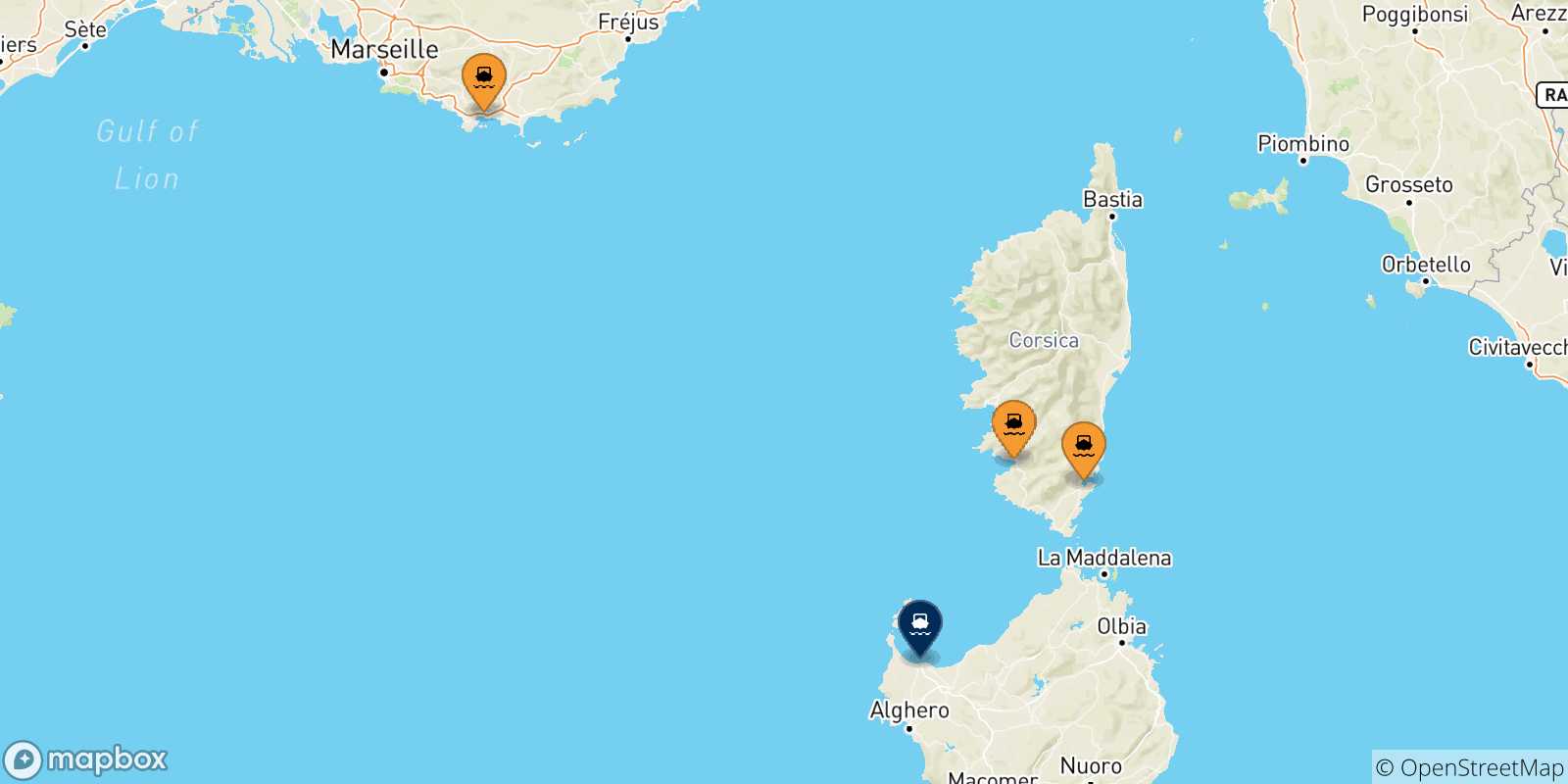 Map of the possible routes between France and Porto Torres