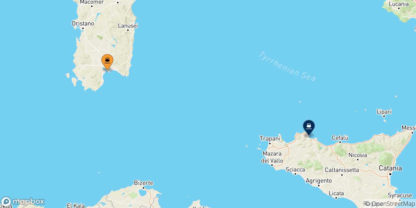 Map of the possible routes between Cagliari and Sicily