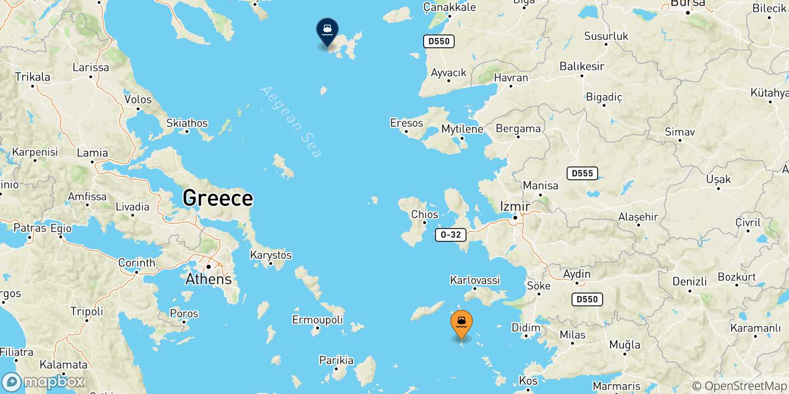 Map of the possible routes between Dodecanese Islands and Myrina (Limnos)