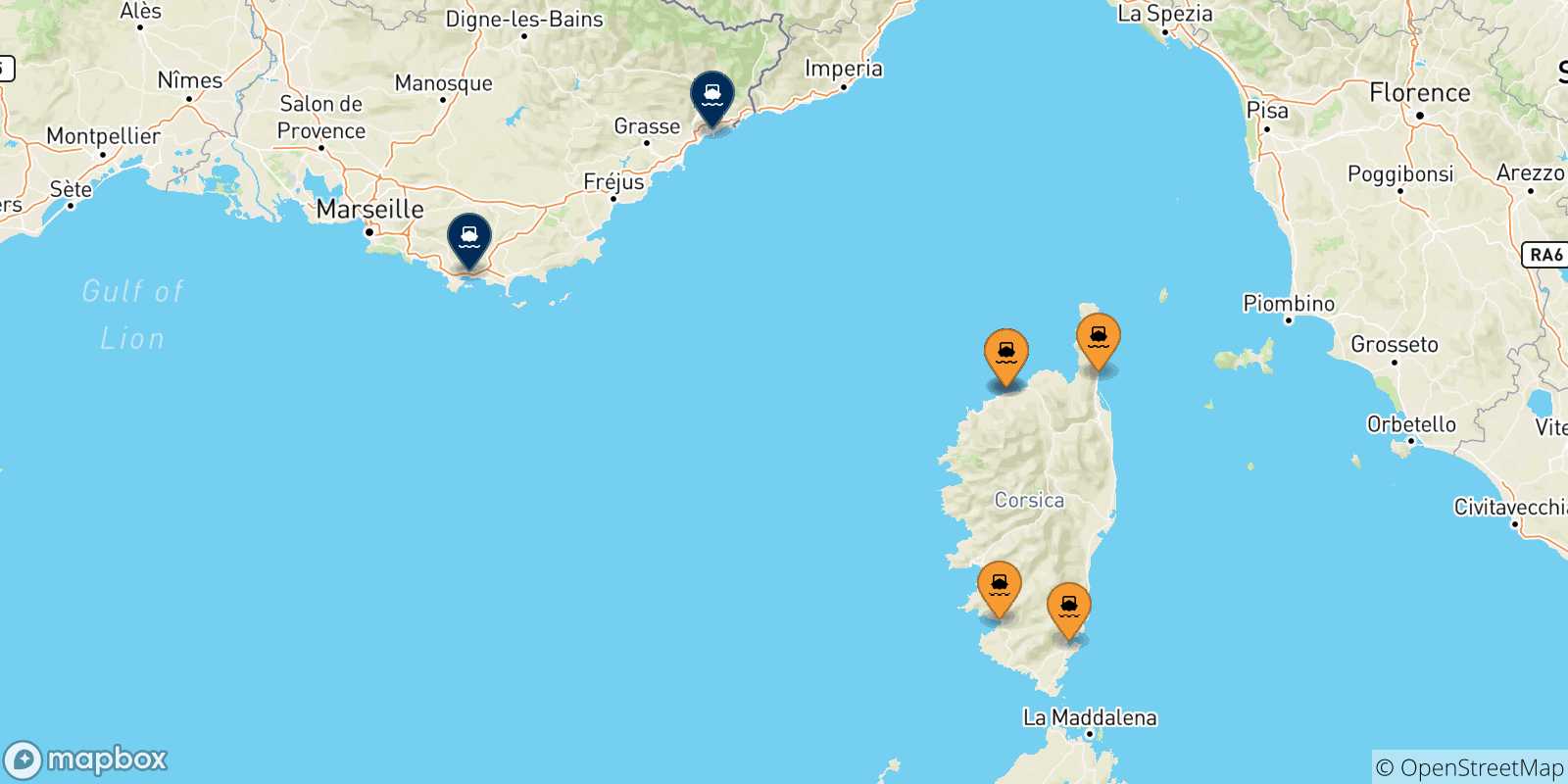 Map of the possible routes between Corsica and France