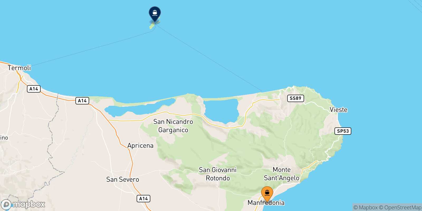 Map of the destinations reachable from Manfredonia