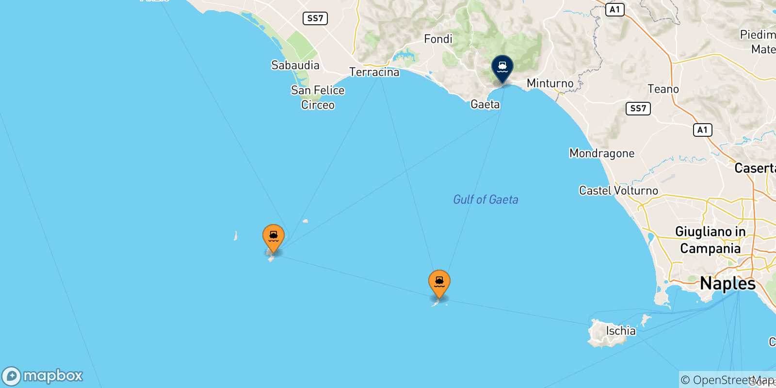 Map of the possible routes between Pontine Islands and Formia