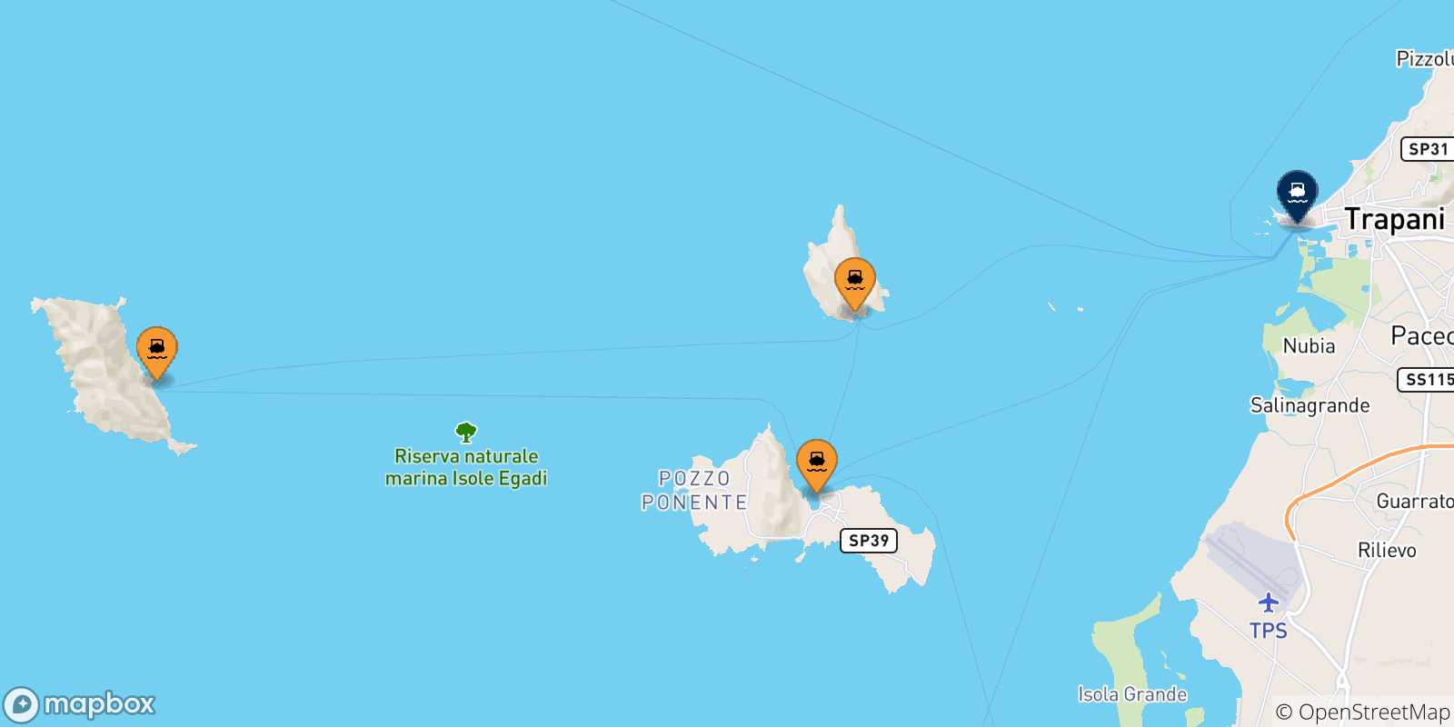 Map of the possible routes between Aegadian Islands and Sicily