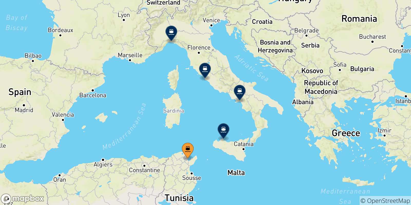 Map of the possible routes between Tunisia and Italy