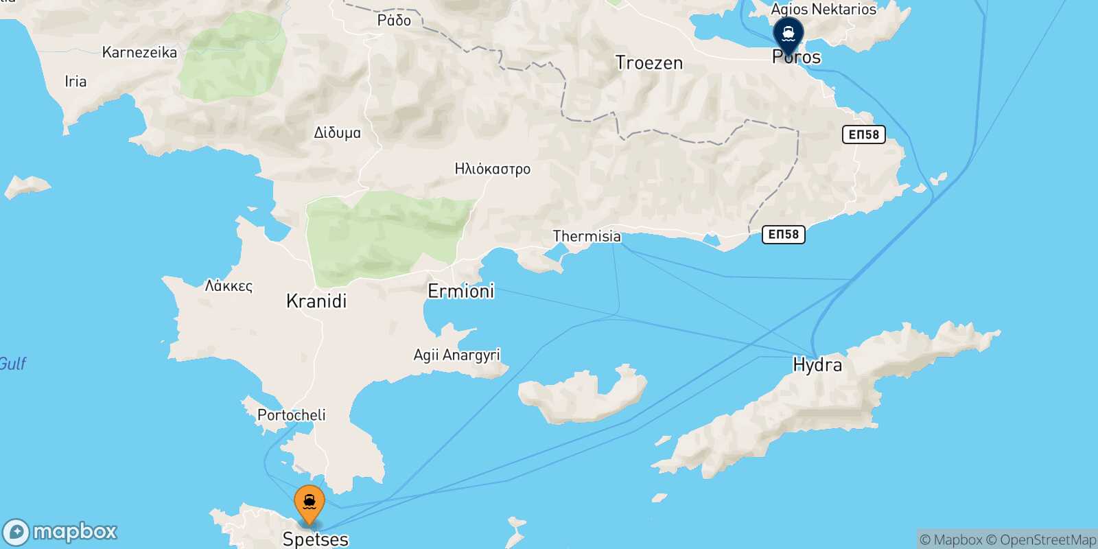 Spetses Hydra route map