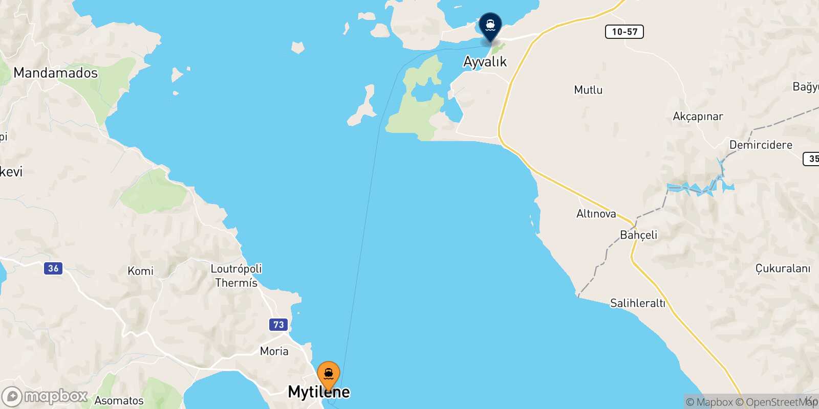 Map of the destinations reachable from Mytilene (Lesvos)