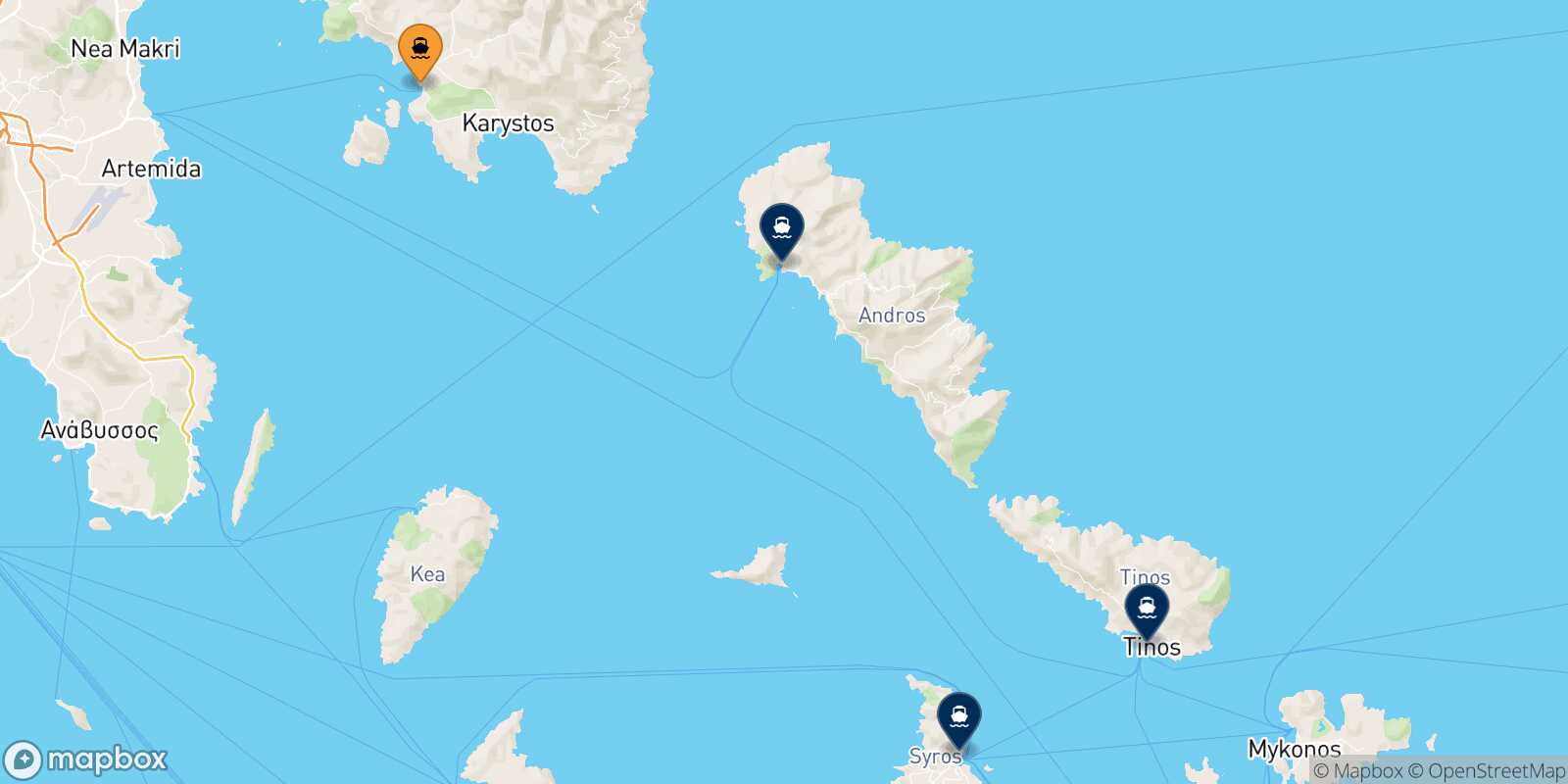 Map of the destinations reachable from Marmari