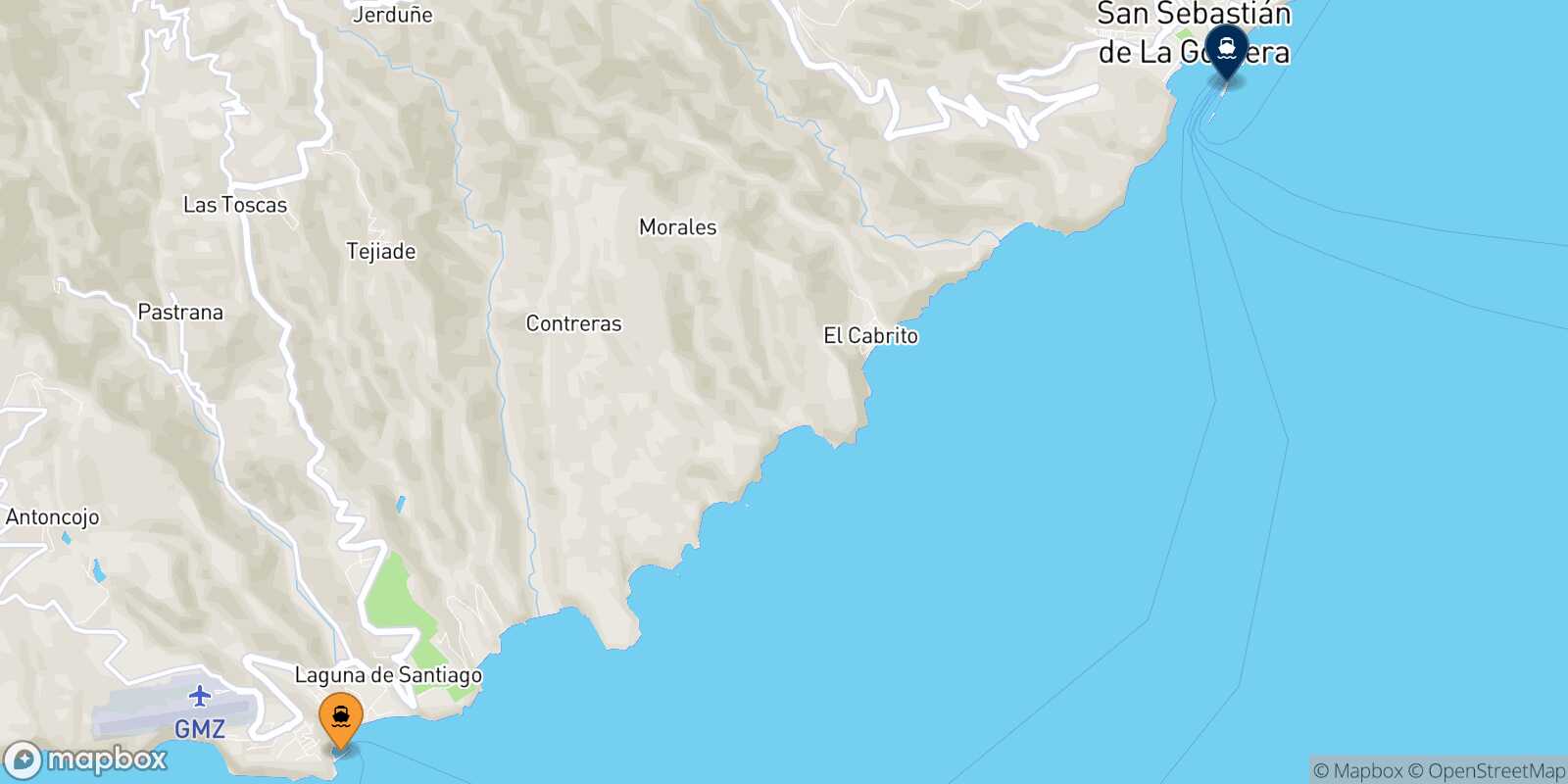 Map of the destinations reachable from Playa Santiago (La Gomera)