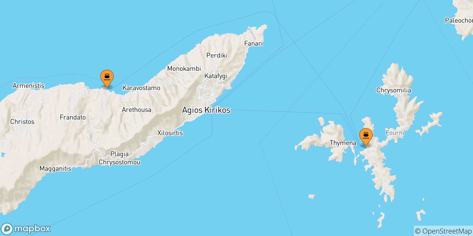 Map of the possible routes between Aegean Islands and Pythagorio (Samos)