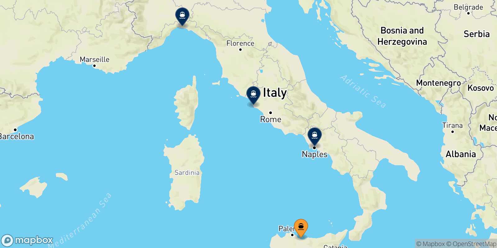 Map of the destinations reachable from Termini Imerese