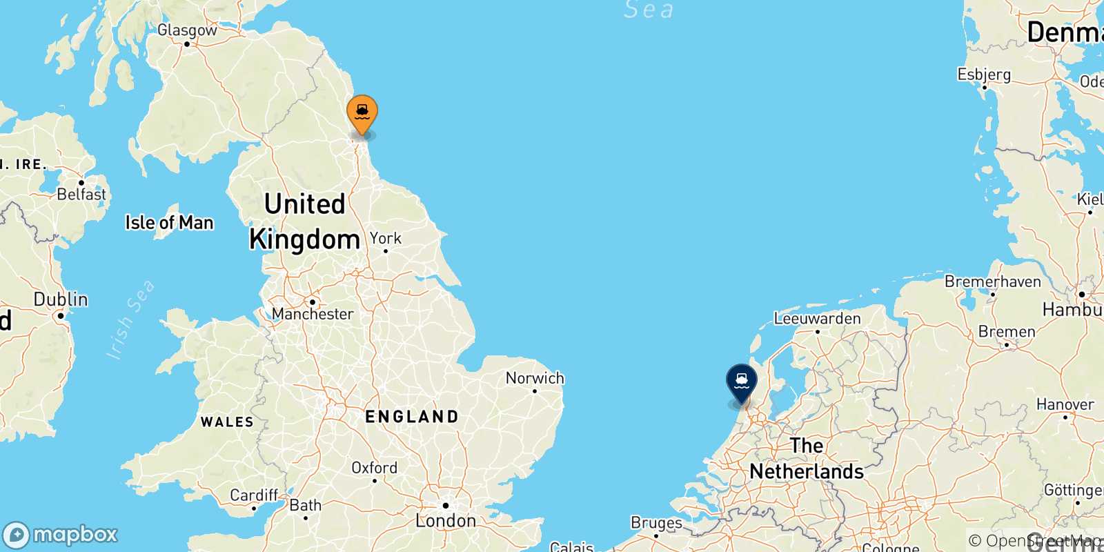 Map of the possible routes between Uk and Amsterdam