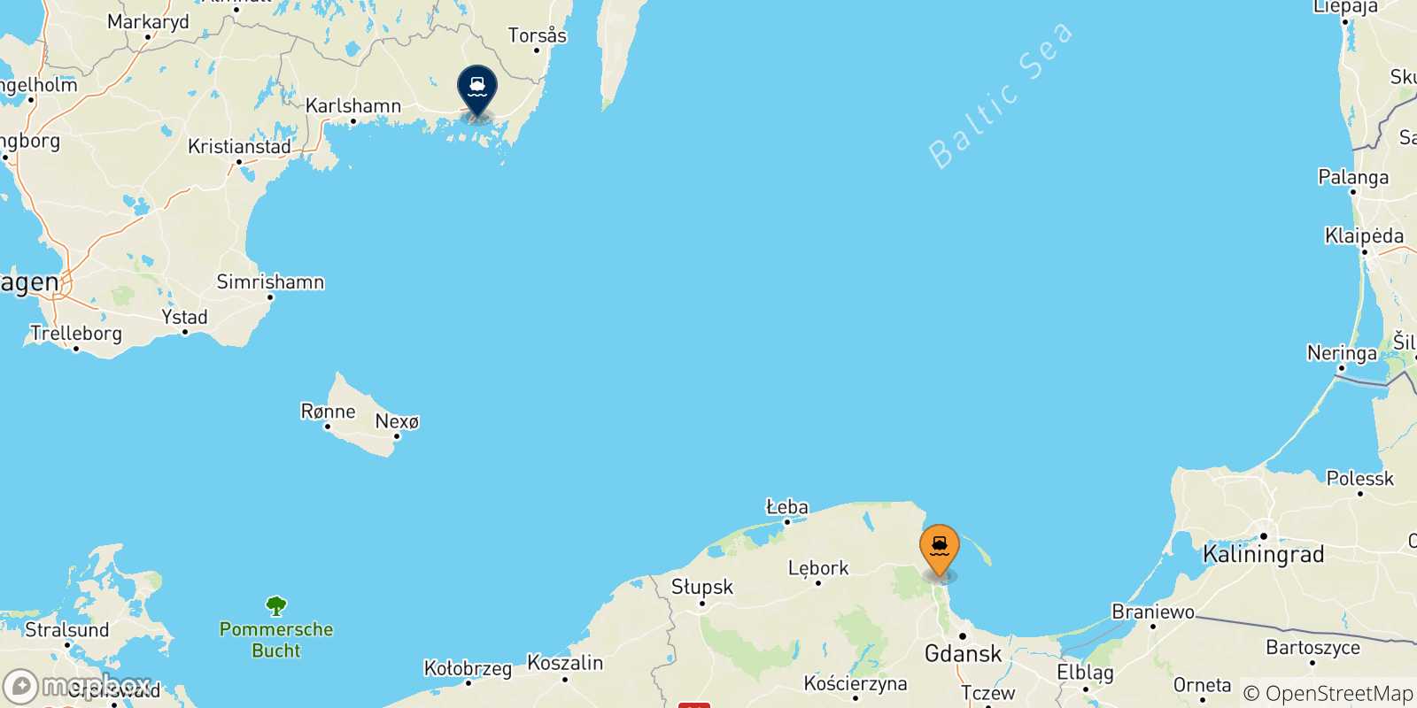 Map of the possible routes between Poland and Karlskrona