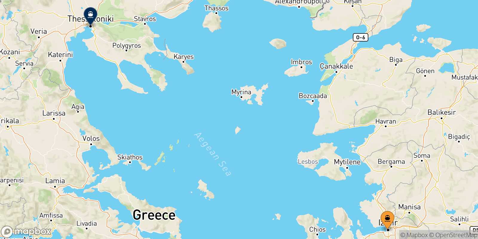 Izmir Thessaloniki route map