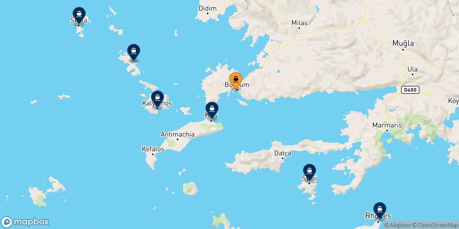 Map of the destinations reachable from Bodrum