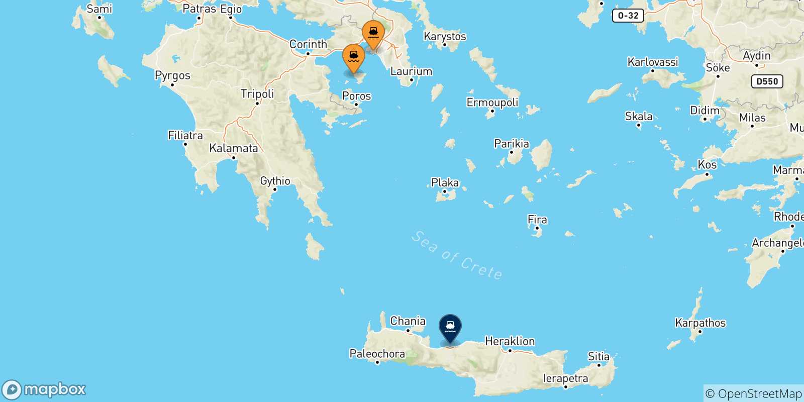 Map of the possible routes between Greece and Myli (Agistri)