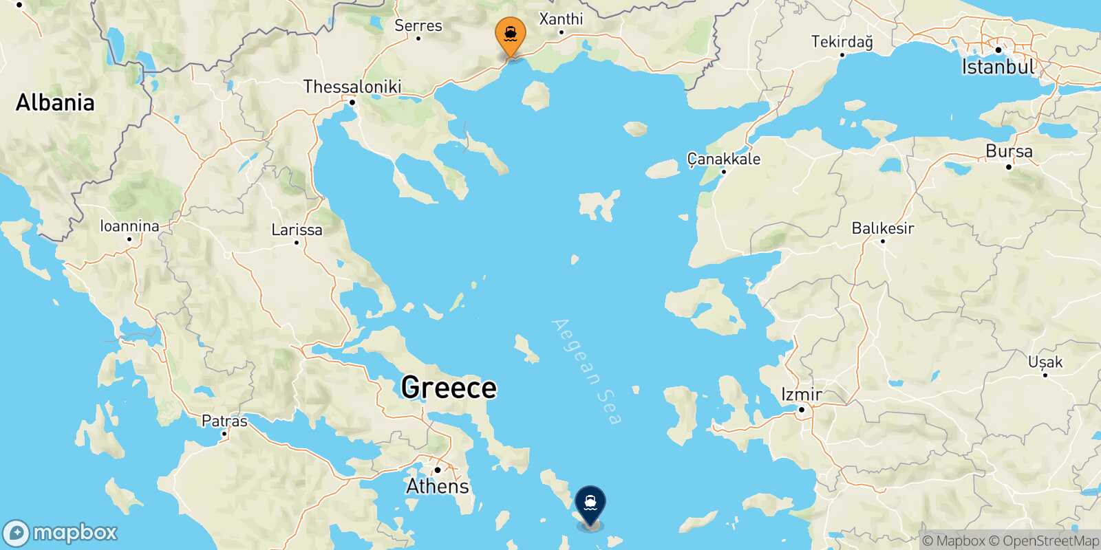 Kavala Tinos route map