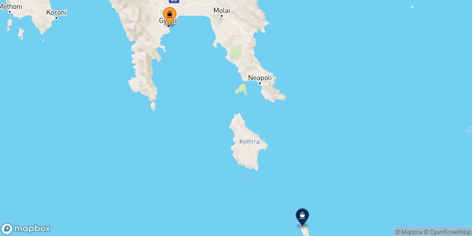 Gythio Antikythira route map
