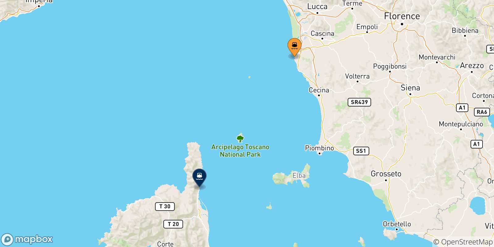 Map of the possible routes between Livorno and Corsica