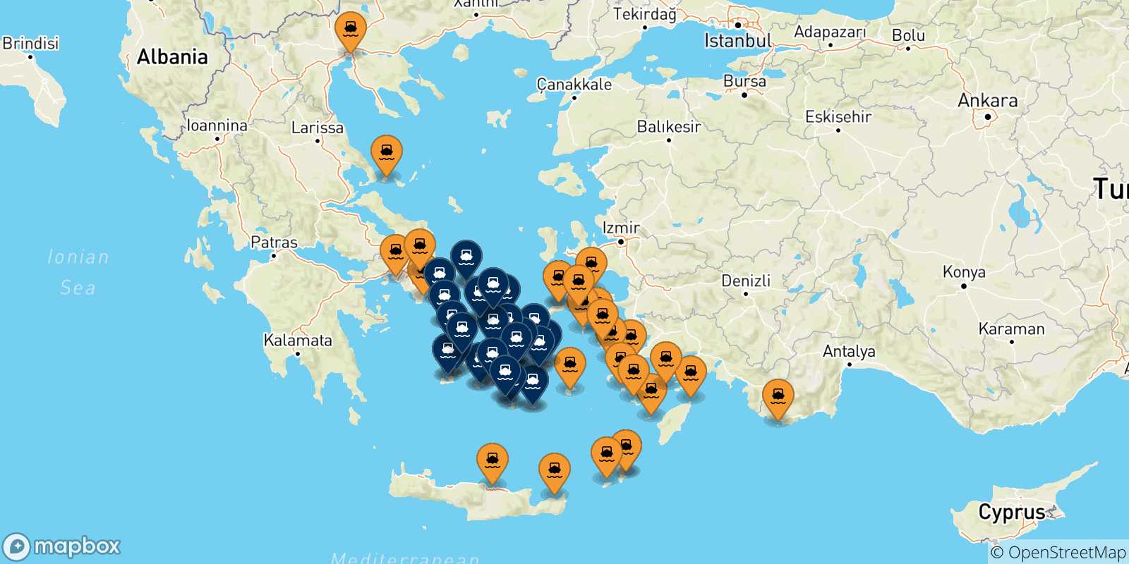 Map of the possible routes between Greece and Cyclades Islands