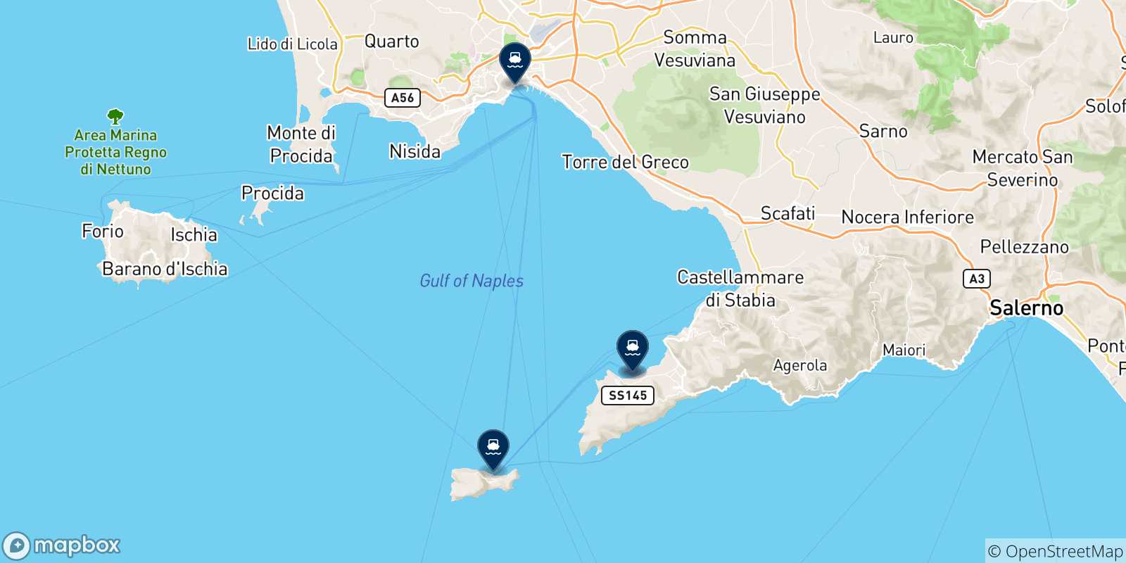 Map of the possible routes between Castellammare and Italy