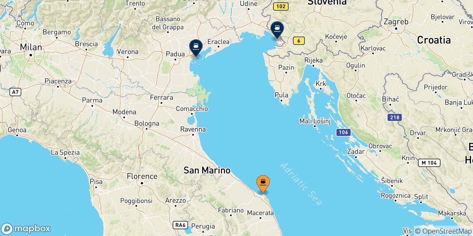 Map of the possible routes between Ancona and Italy
