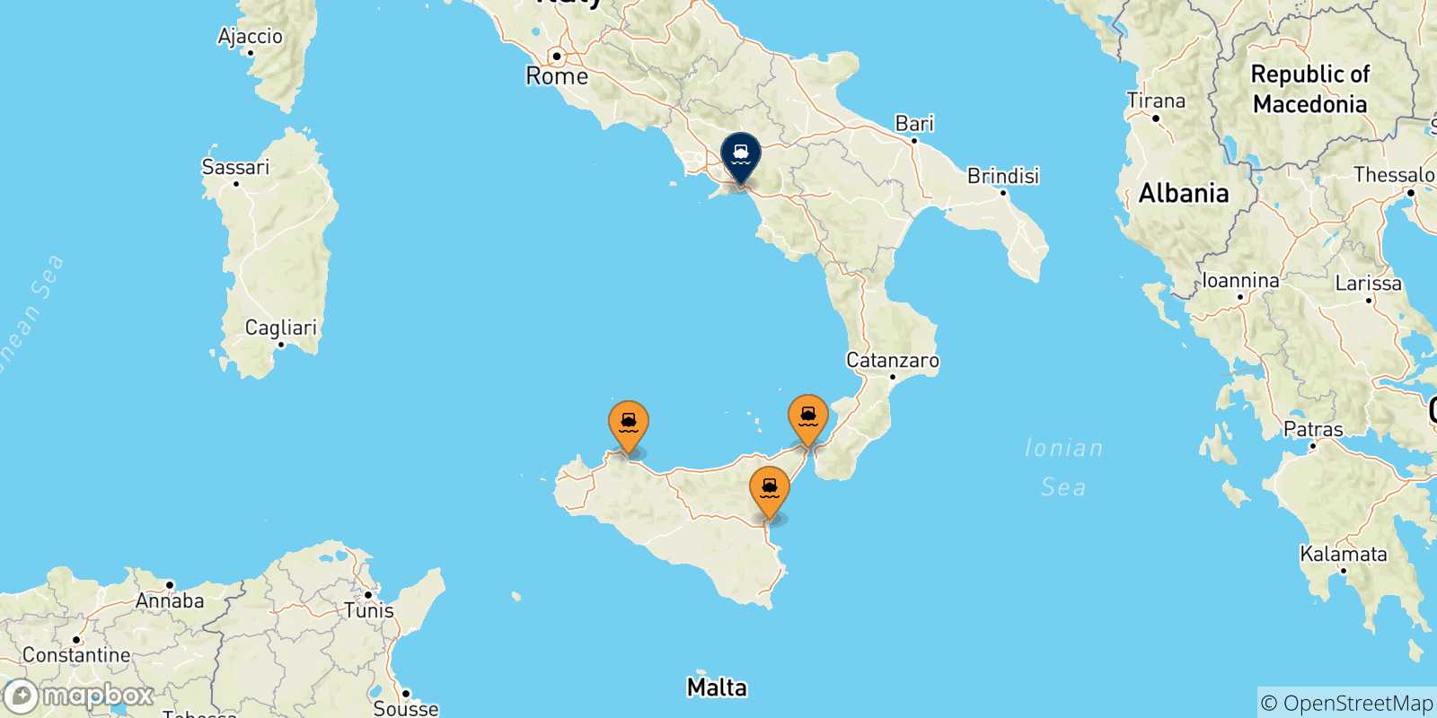 Map of the possible routes between Italy and Salerno