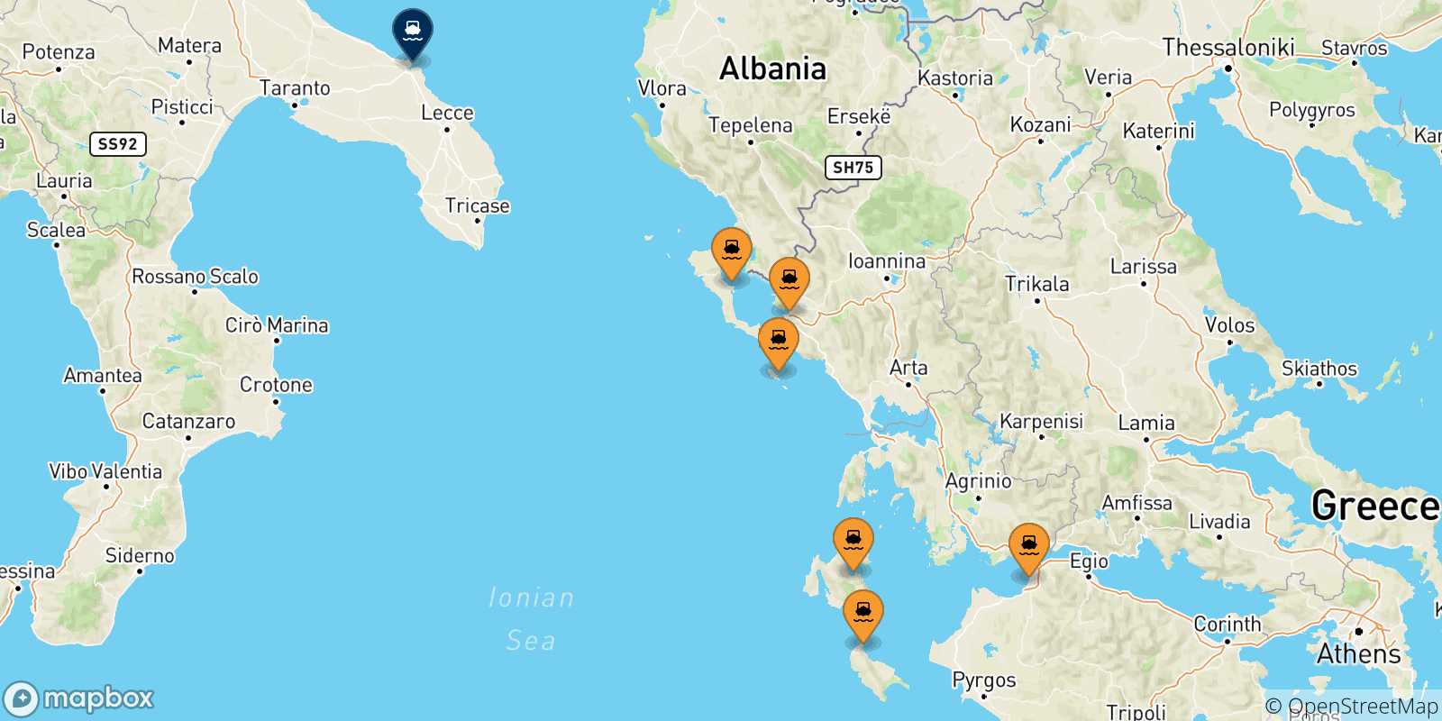 Map of the possible routes between Greece and Brindisi