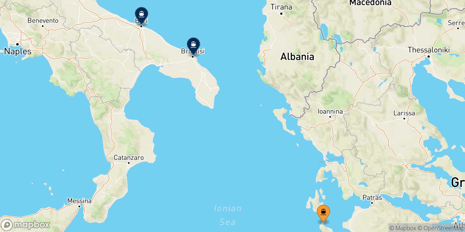 Map of the destinations reachable from Zakynthos