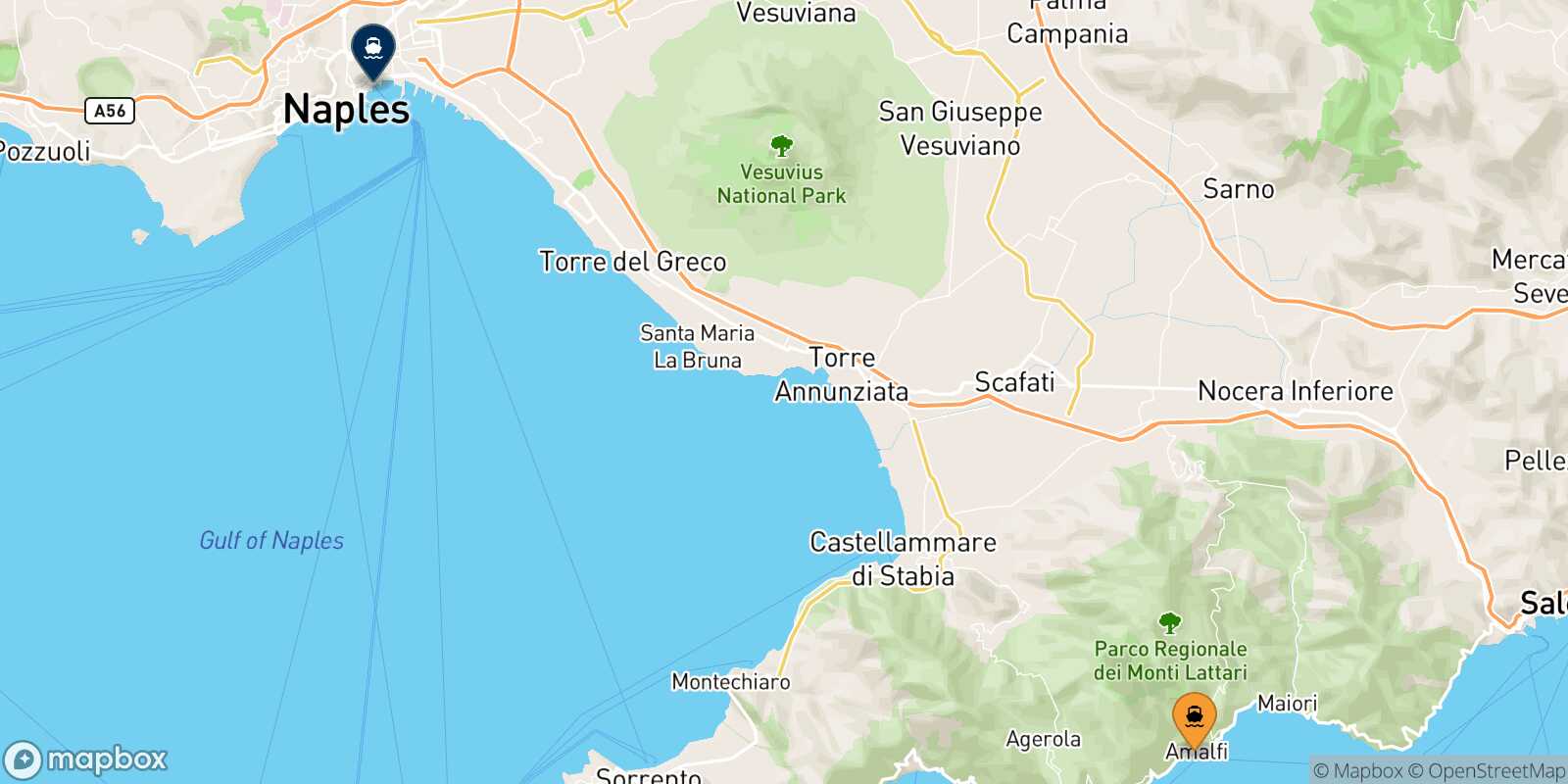 Amalfi Naples Beverello route map