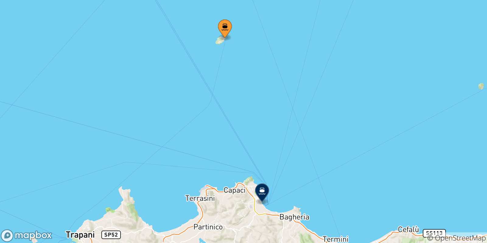 Map of the possible routes between Ustica Island and Sicily
