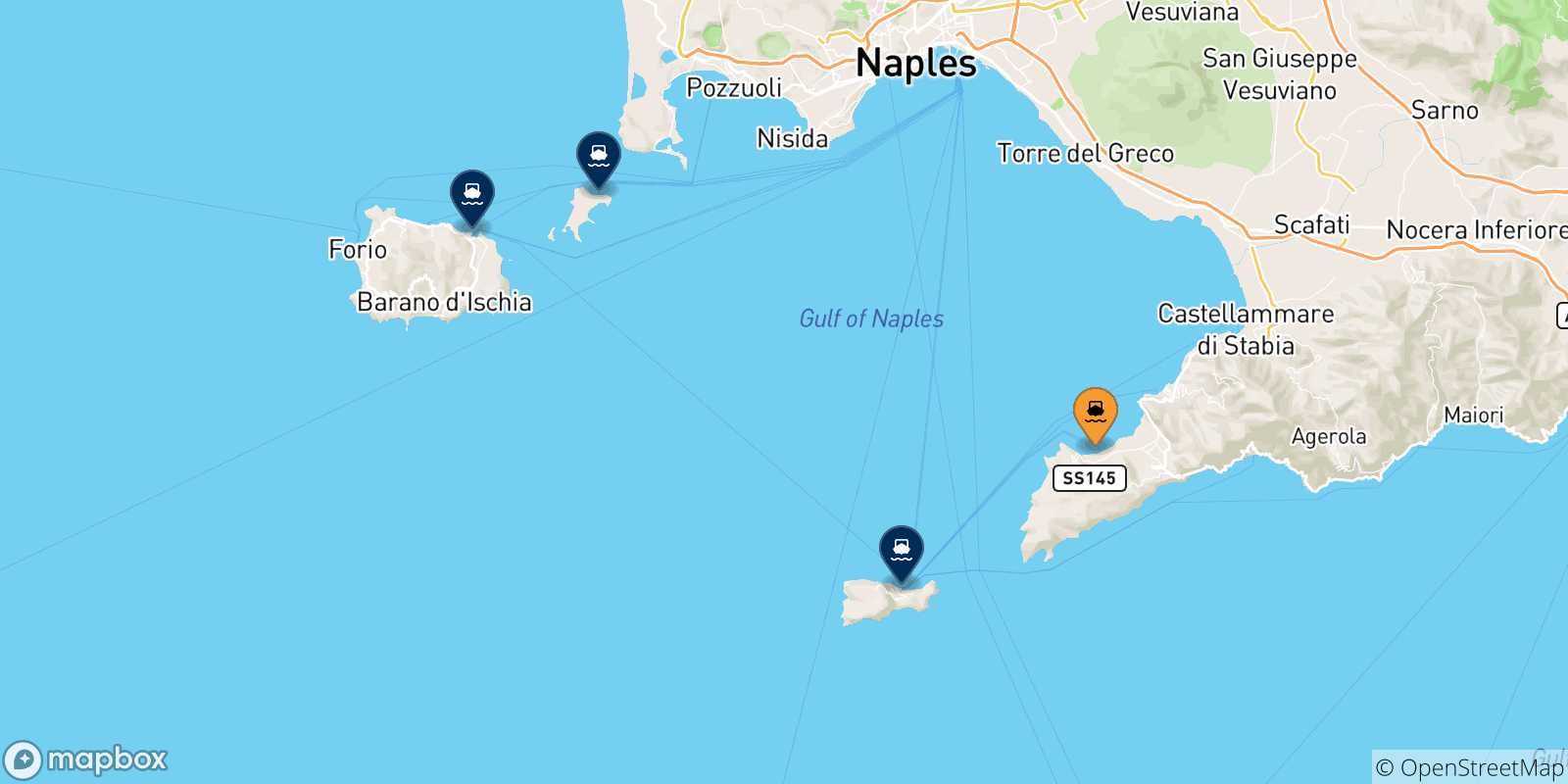 Map of the possible routes between Sorrento and Gulf Of Naples