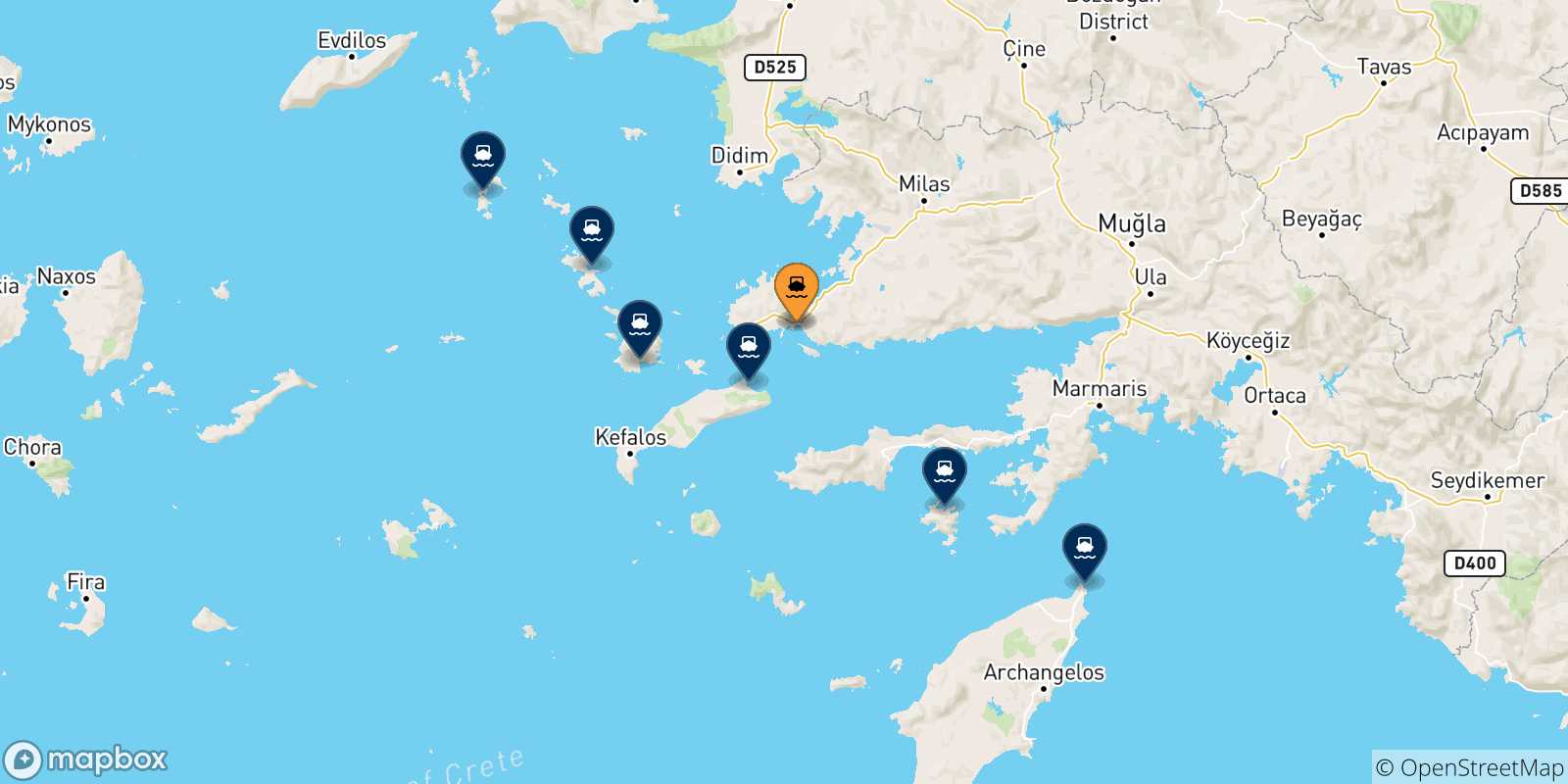 Map of the possible routes between Turkey and Dodecanese Islands