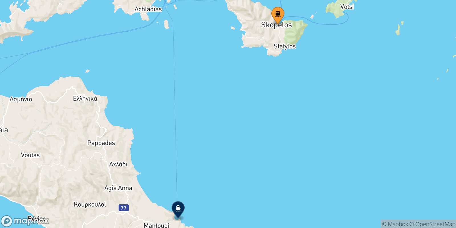 Glossa (Skopelos) Mantoudi (Evia) route map