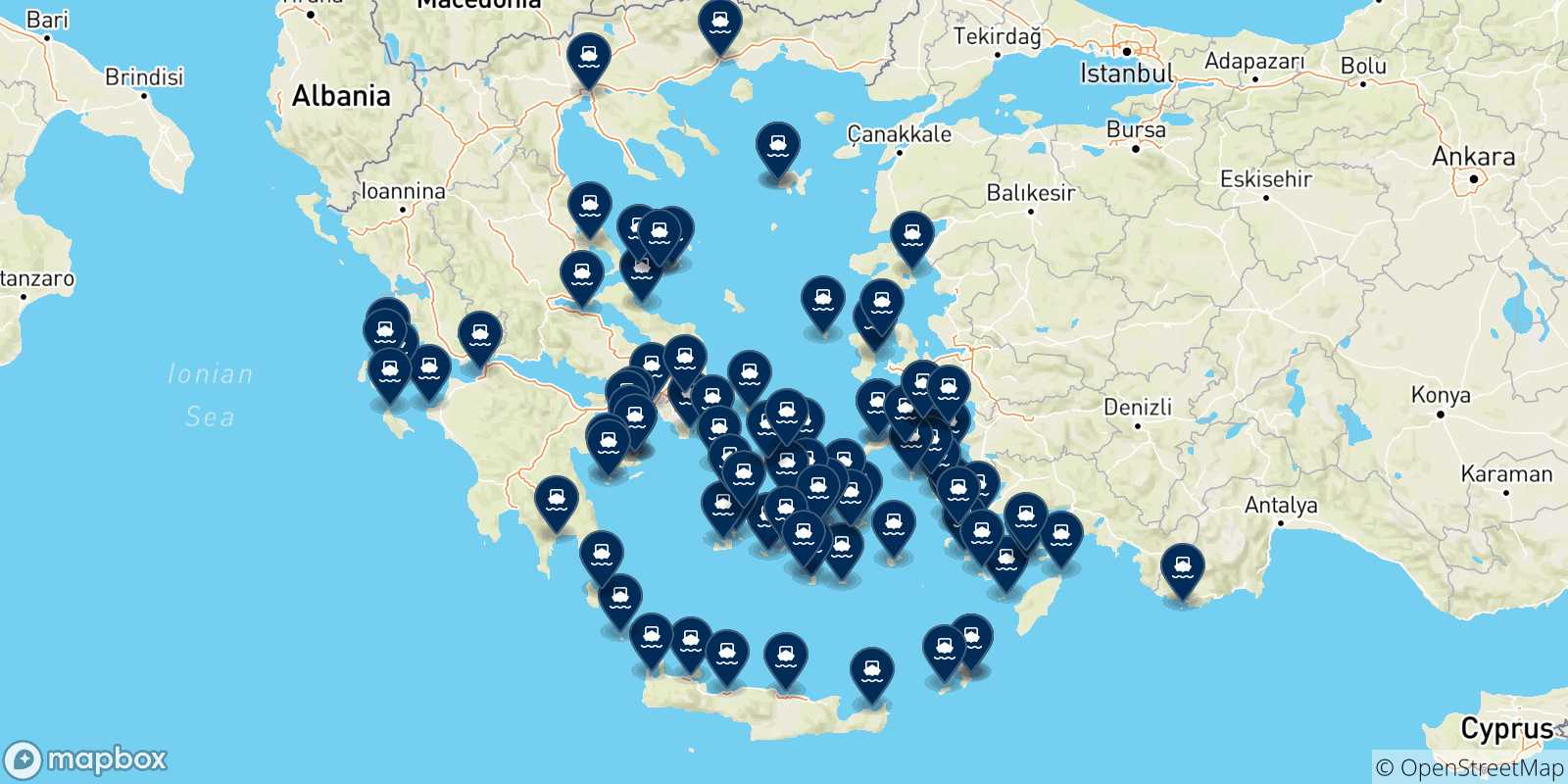 Map of the possible routes between Greece and Greece