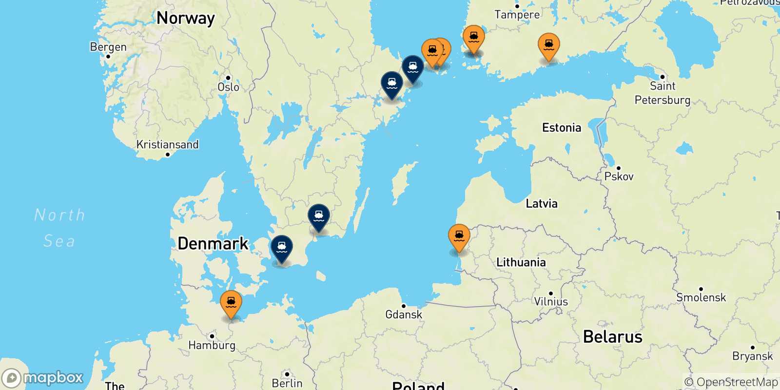 Map of the ports connected with  Sweden