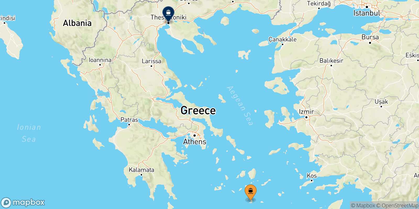 Thira (Santorini) Thessaloniki route map