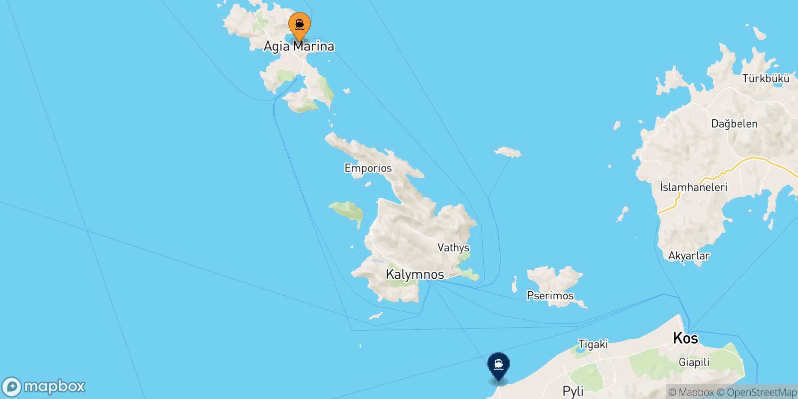 Agia Marina (Leros) Mastihari (Kos) route map