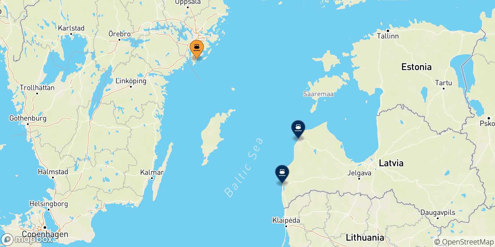 Map of the possible routes between Sweden and Latvia
