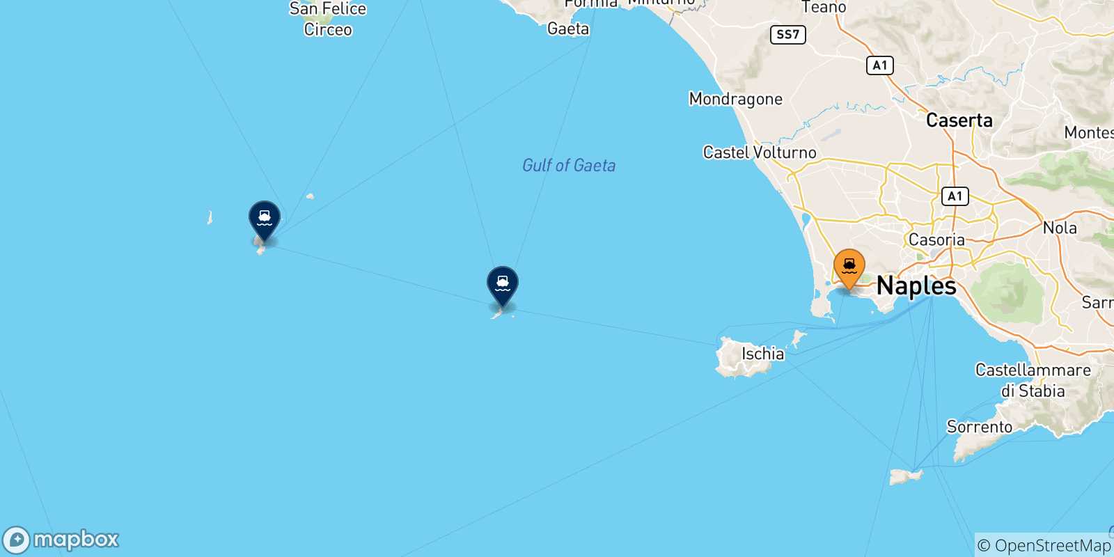 Map of the possible routes between Casamicciola (Ischia) and Pontine Islands