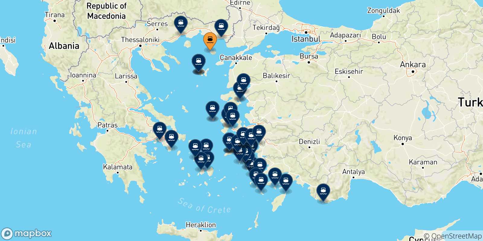 Map of the destinations reachable from the Aegean Islands