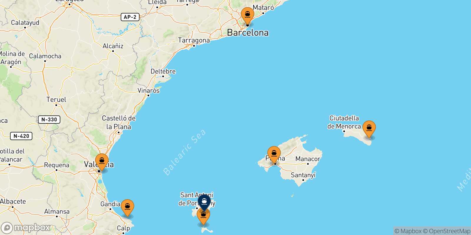 Map of the ports connected with  Ibiza
