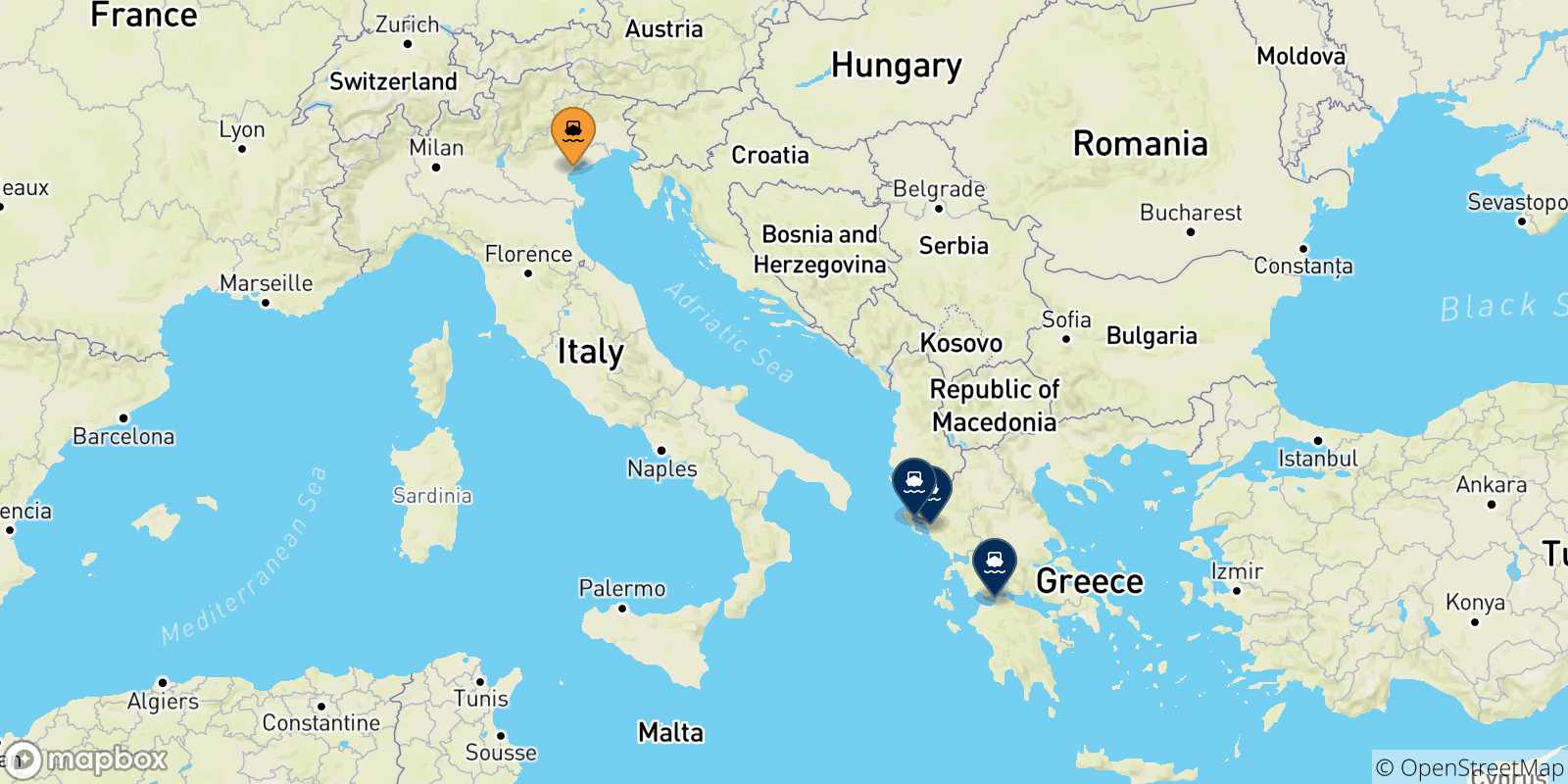 Map of the possible routes between Venice and Greece