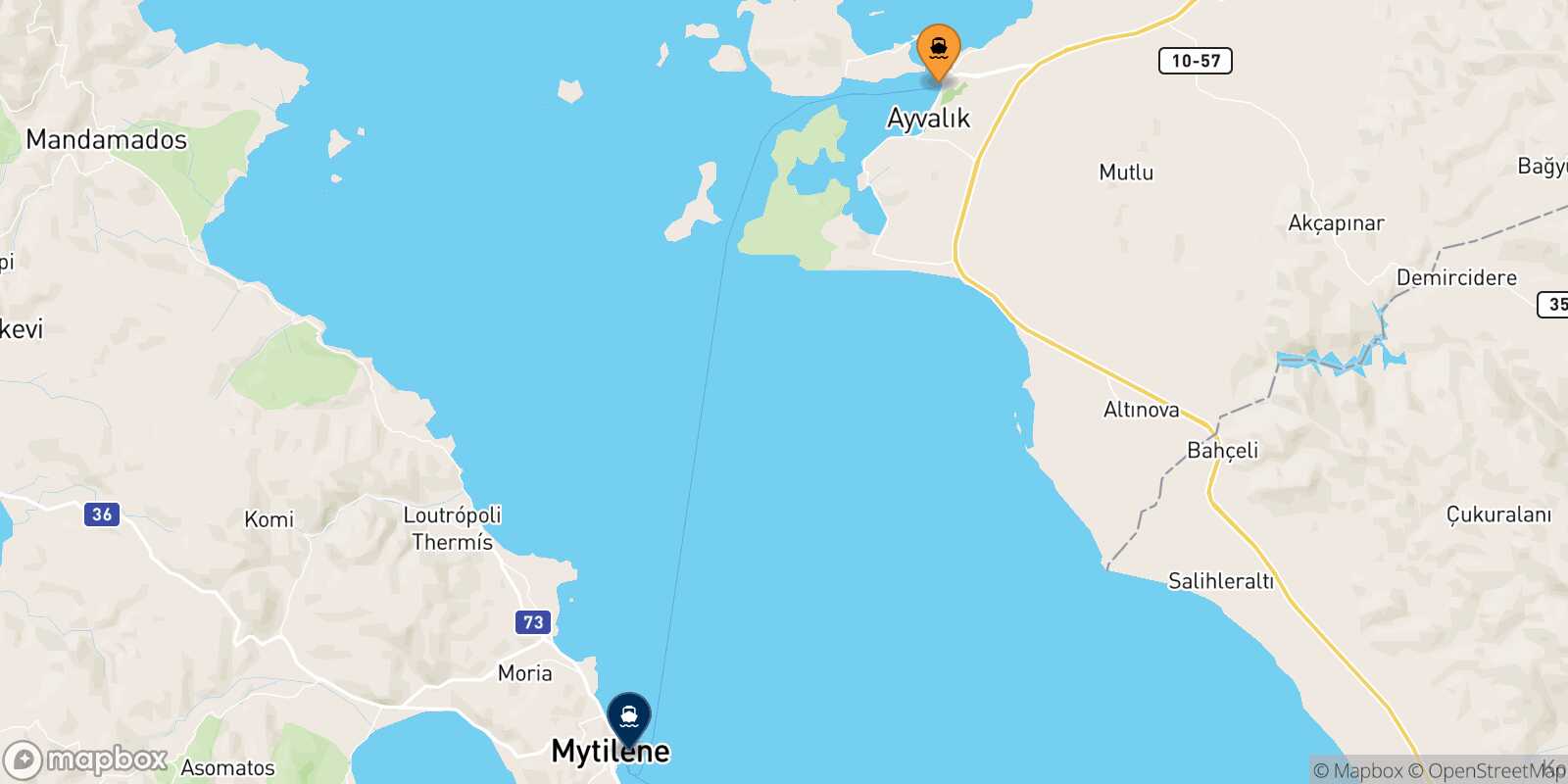 Ayvalik Mytilene (Lesvos) route map