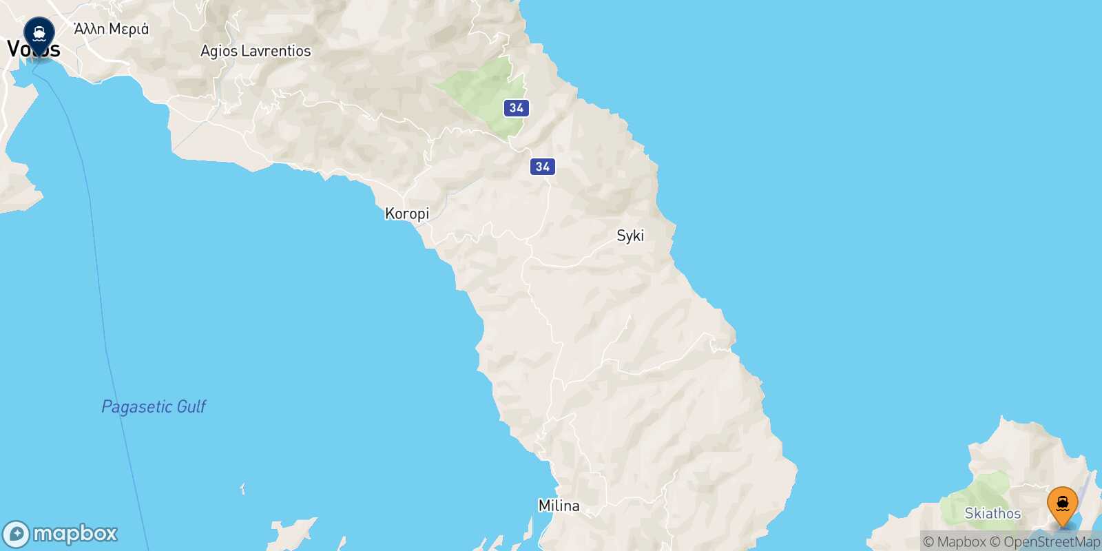 Skiathos Volos route map