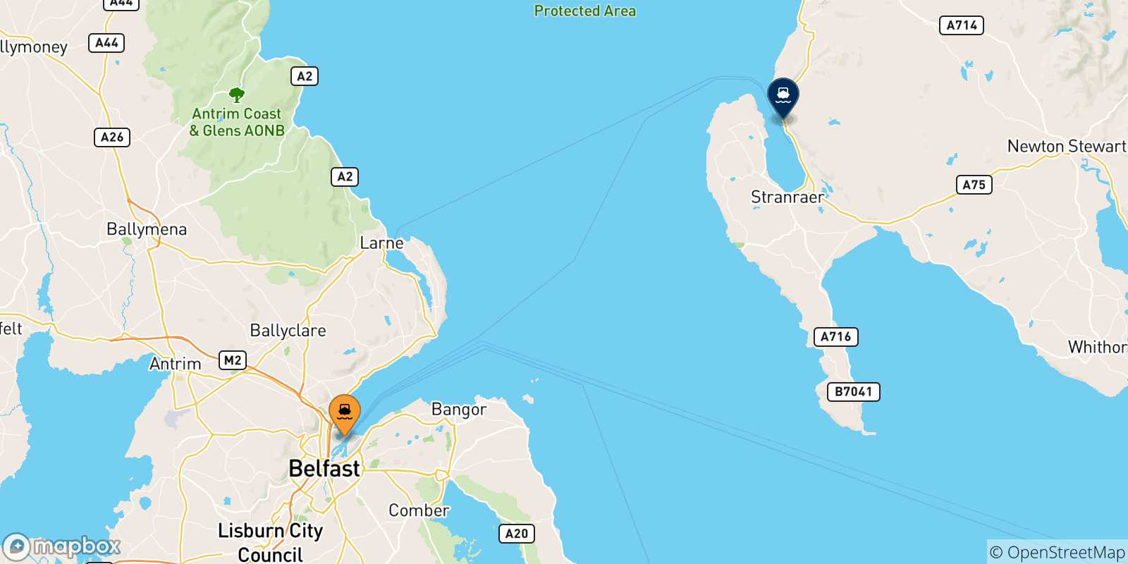 Map of the possible routes between Northern Ireland and Scotland