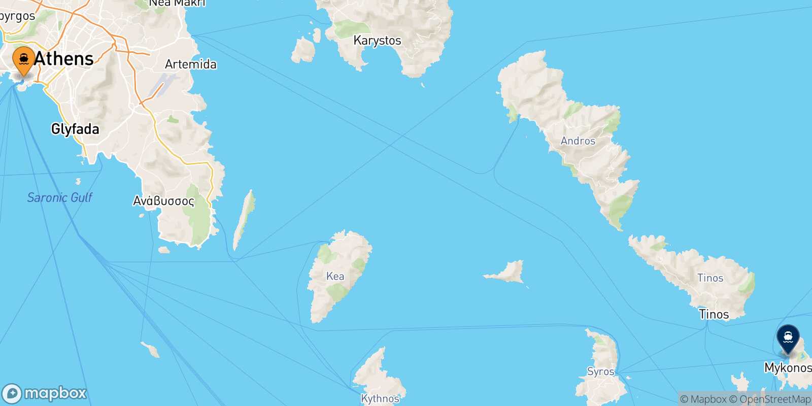 Piraeus Mykonos route map