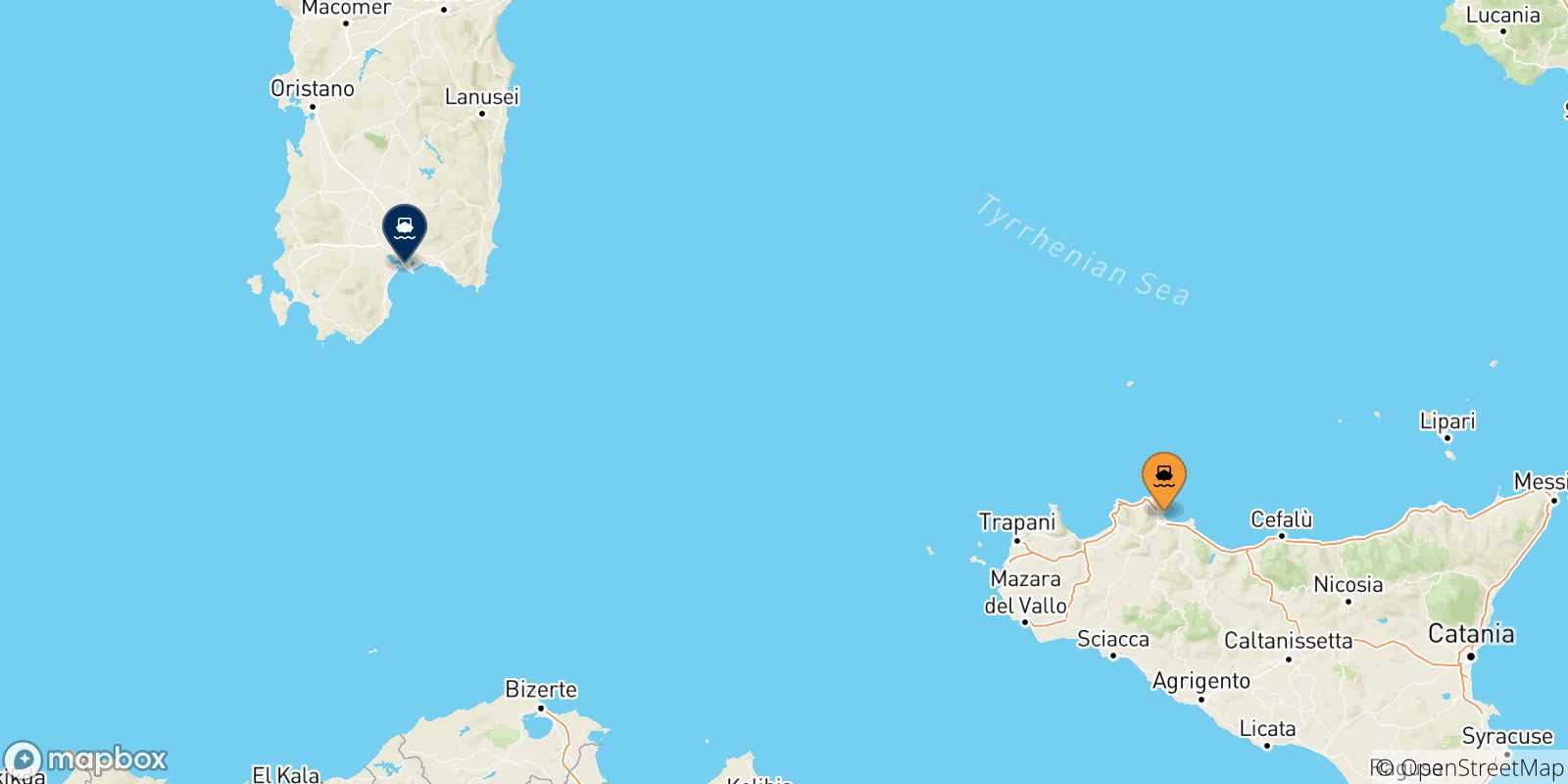 Map of the possible routes between Sicily and Cagliari